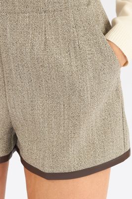 Speckled Herringbone Suiting With Faux Leather Trimmed Shorts