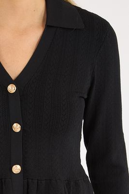 Crinkle Knit Pointelle Long Sleeve Peplum Top