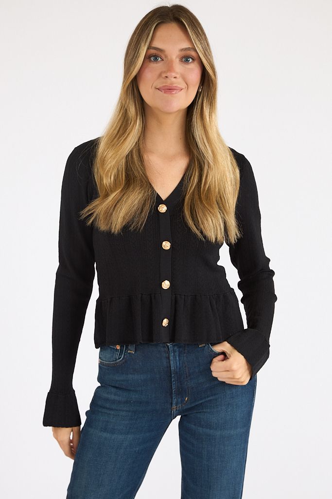 Crinkle Knit Pointelle Long Sleeve Peplum Top, French Connection, e.Allen