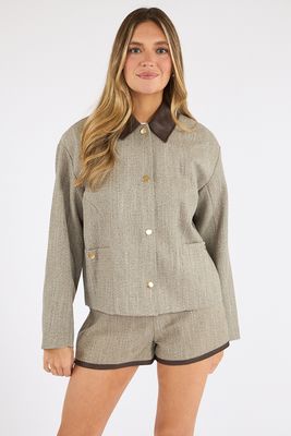Speckled Herringbone Suiting Cropped Jacket with Faux Leather Collar, French Connection, e.Allen