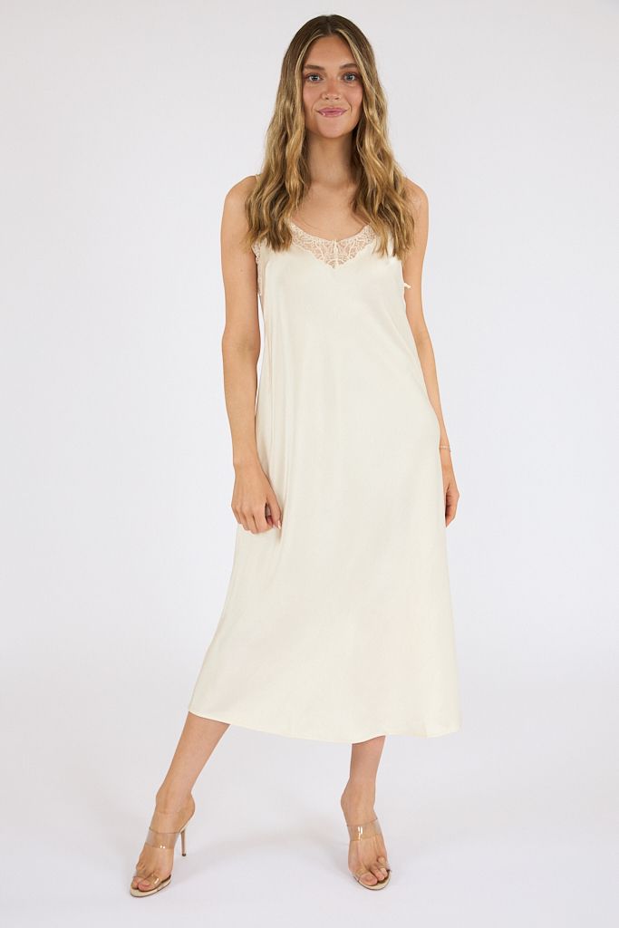 lace trimmed slip dress Veronica Beard Vernon Maxi | Blue Steel The nightgown has excellent structural integrity while draping on the body like a dream Bardot Silvio Halter Asymmetric Lace