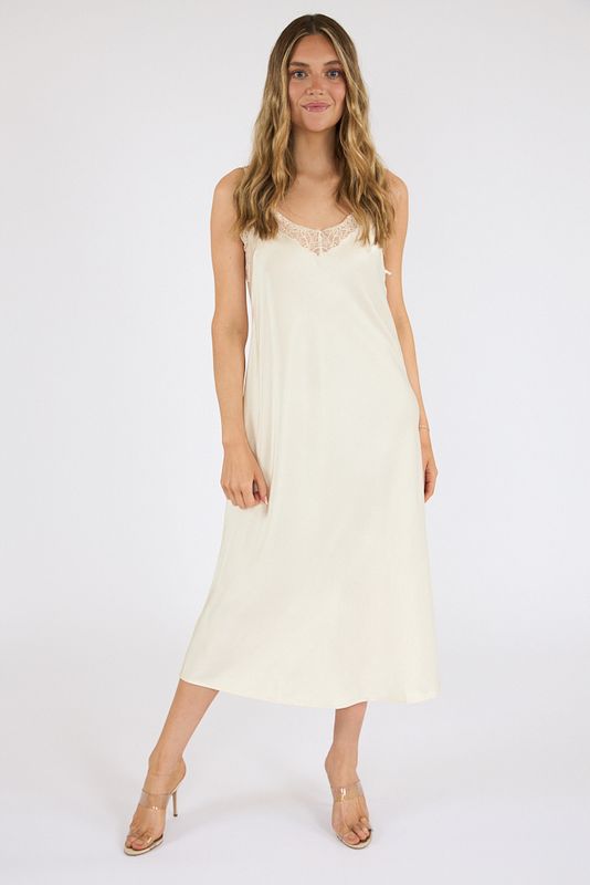cream slip dress Callie | neck and ruched bust Maxi Slip Dress Creme White