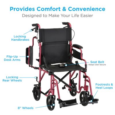 NOVA® Lightweight Transport Chair with Locking Hand Brakes, Flip Up Arms and Anti-Tippers (350)