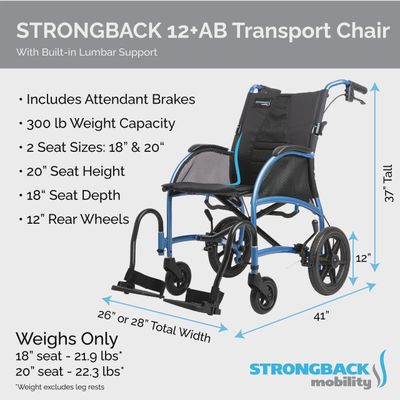 STRONGBACK Excursion 12+AB Transport Wheelchair with 18" or 20" Seat, 12" Rear Wheels, Attendant Brakes
