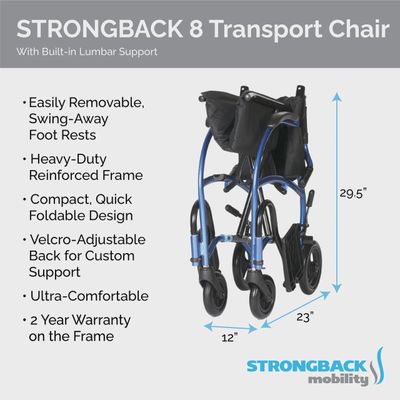 STRONGBACK Excursion 8 Transport Wheelchair (1002) with 18" Seat, 8" Rear Wheels
