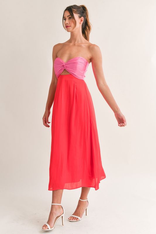 Hot Cherry Tie Front Color Block Dress