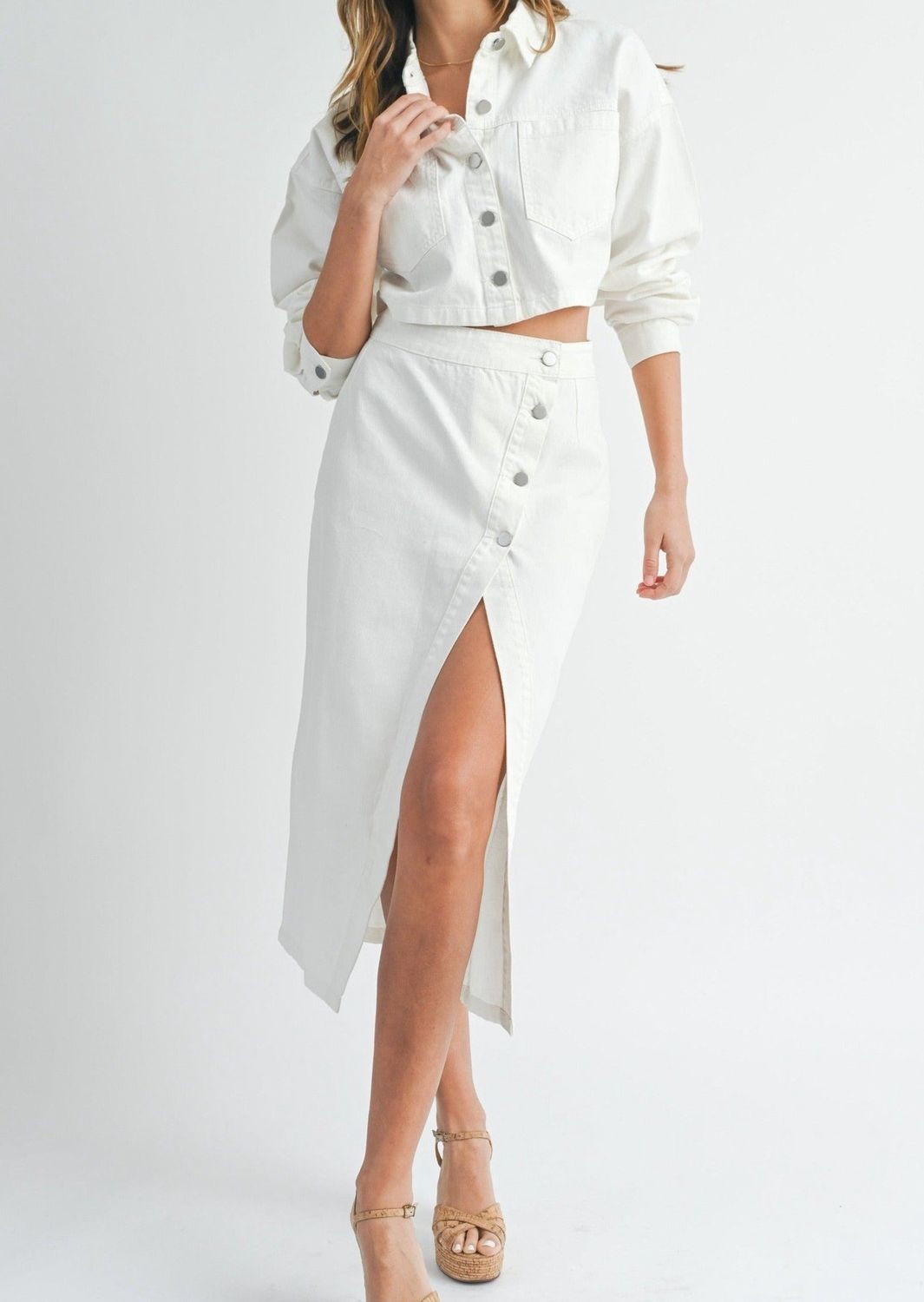Camila White Button Slit Denim Midi Skirt