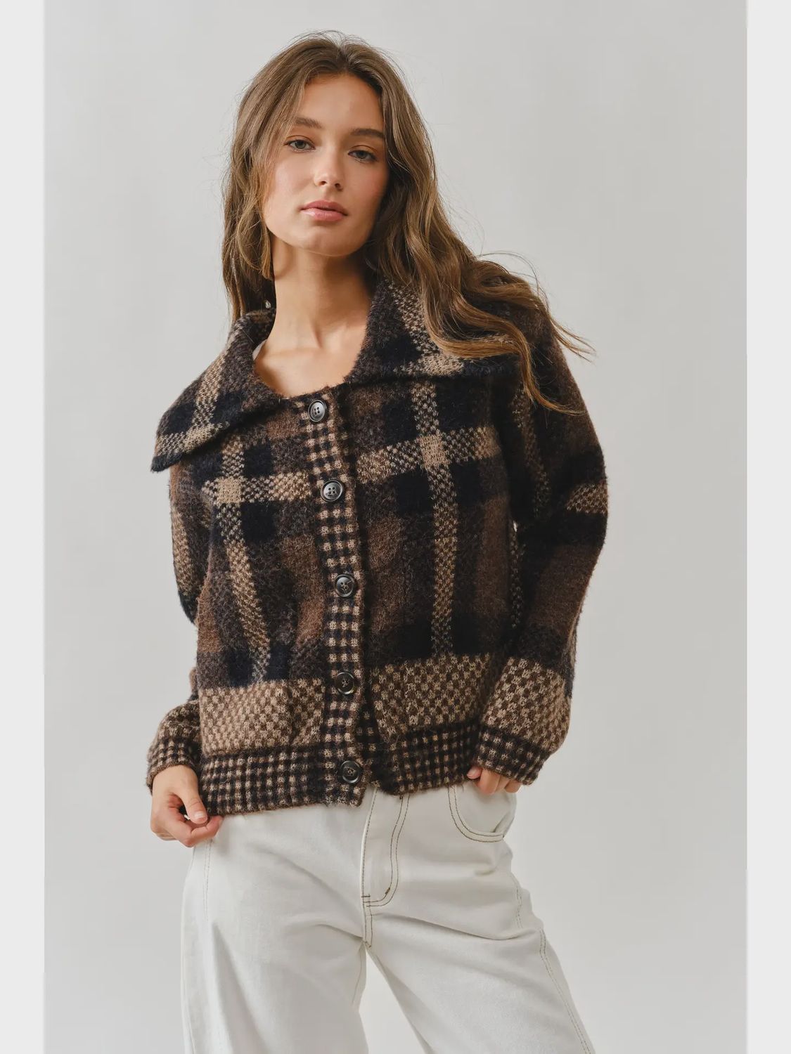 Alenka Plaid Button Down Cardigan Brown