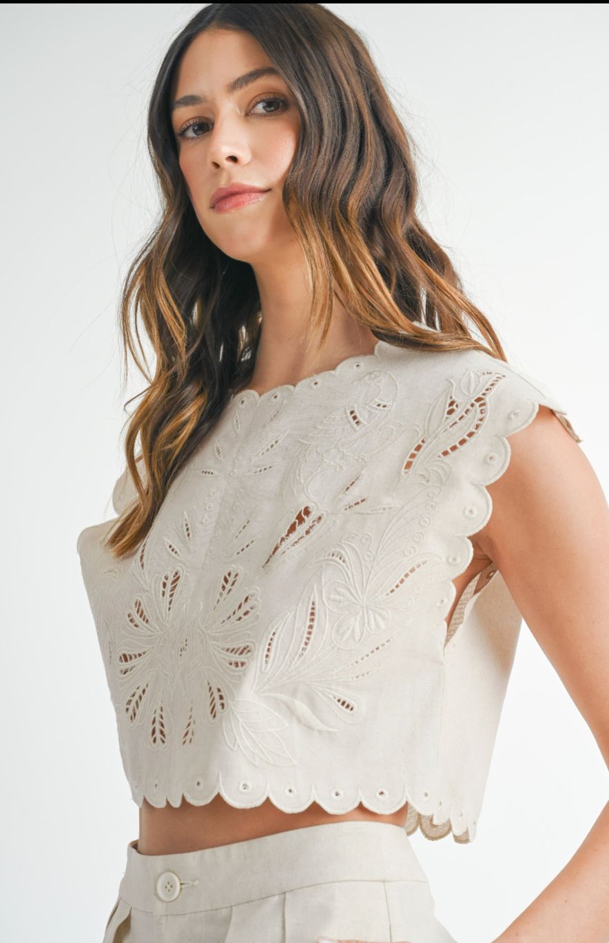 Angela Embroidered Linen Cropped Top in Cream