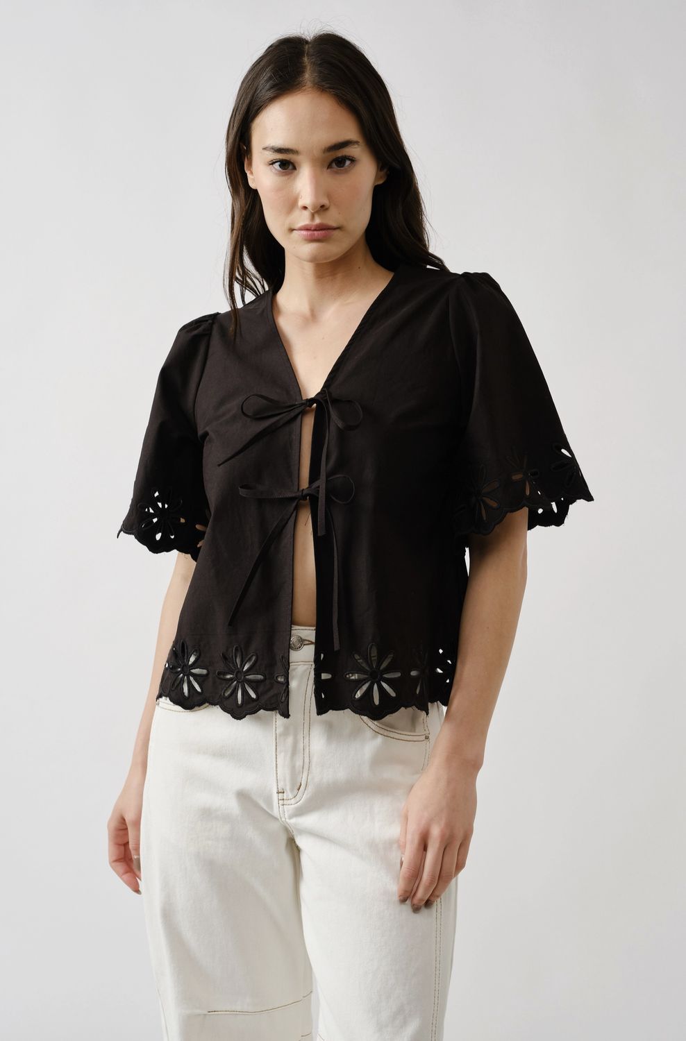 Las Flores Flower Cut Tie Blouse 100%Cotton