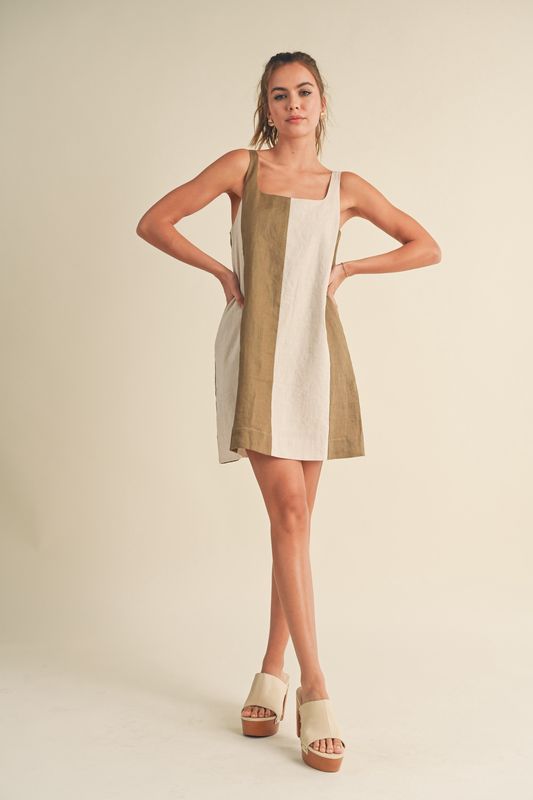 Chloe Striped Linen Blocked Dress in Olive Green 100%linen