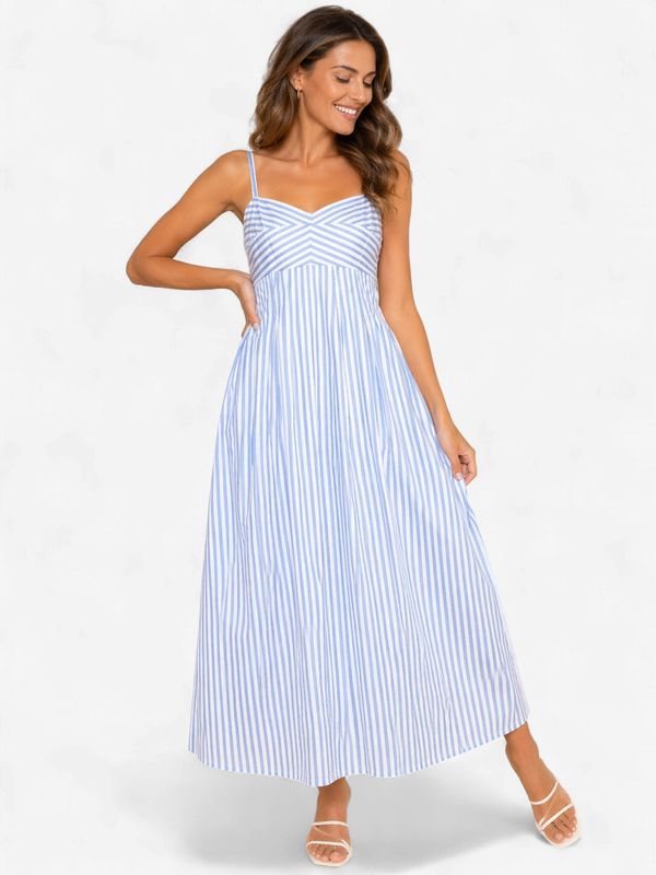 Coastal Muse Blue Stripe Cotton Midi Dress – 100% Cotton