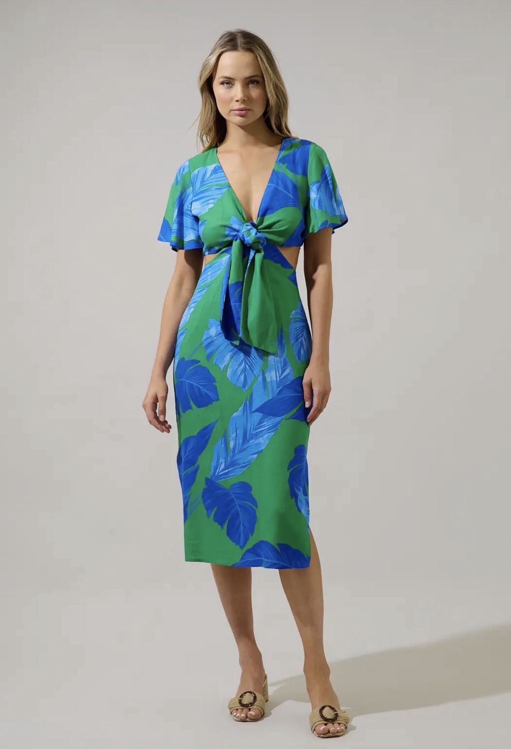 Emerald Palm Tie-Front Midi Dress