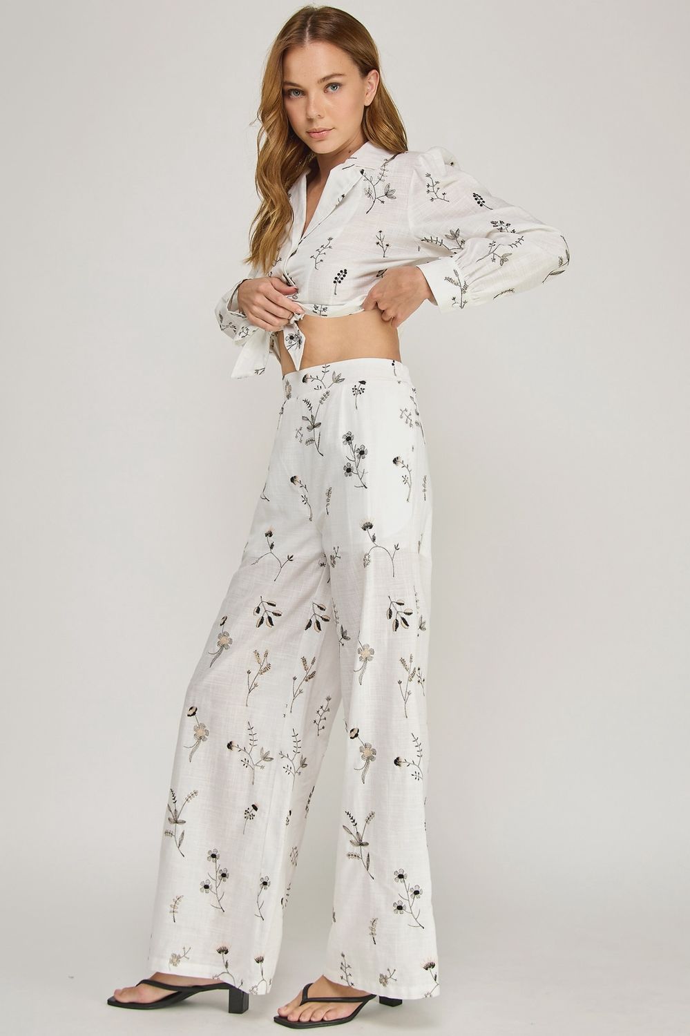 Isabelle Embroidered Floral Wide Leg Pants 100%Cotton