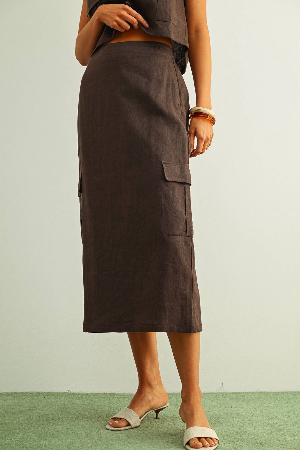 Desert Muse Linen Midi Skirt, Color: ESPRESSO, Size: M
