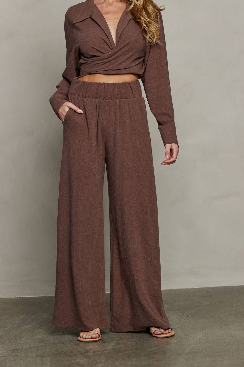 Rhea Wide Leg Pant - Brown, Color: Brown, Size: XS