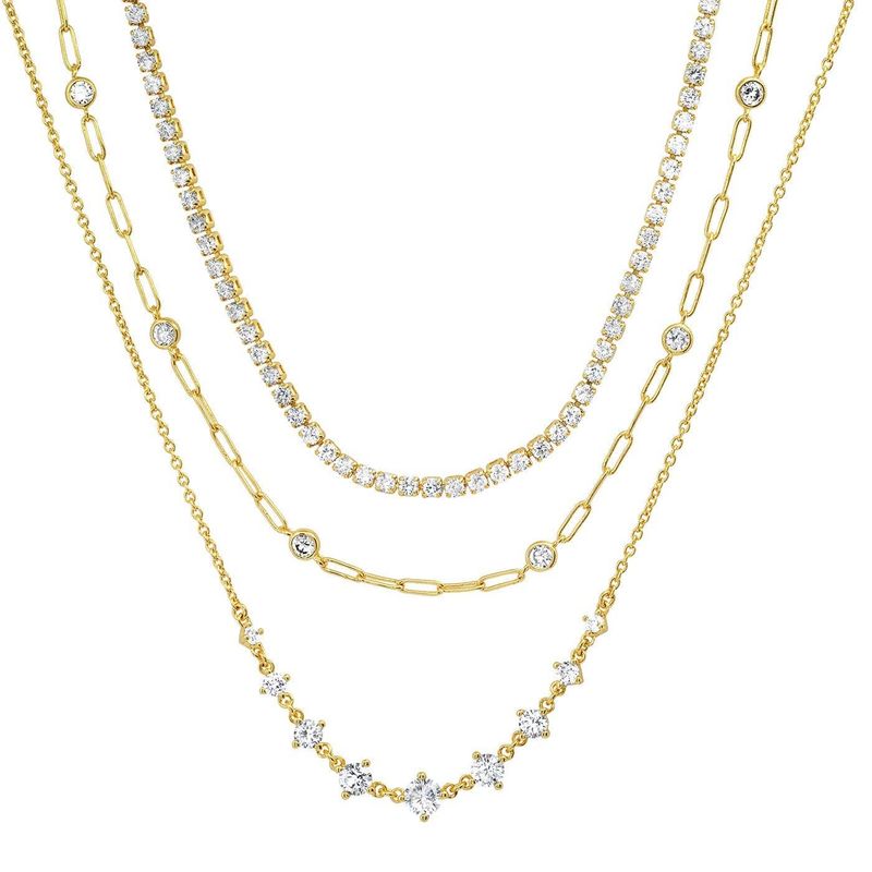 Triple Layer  Necklace Gold Plated Brass, cz