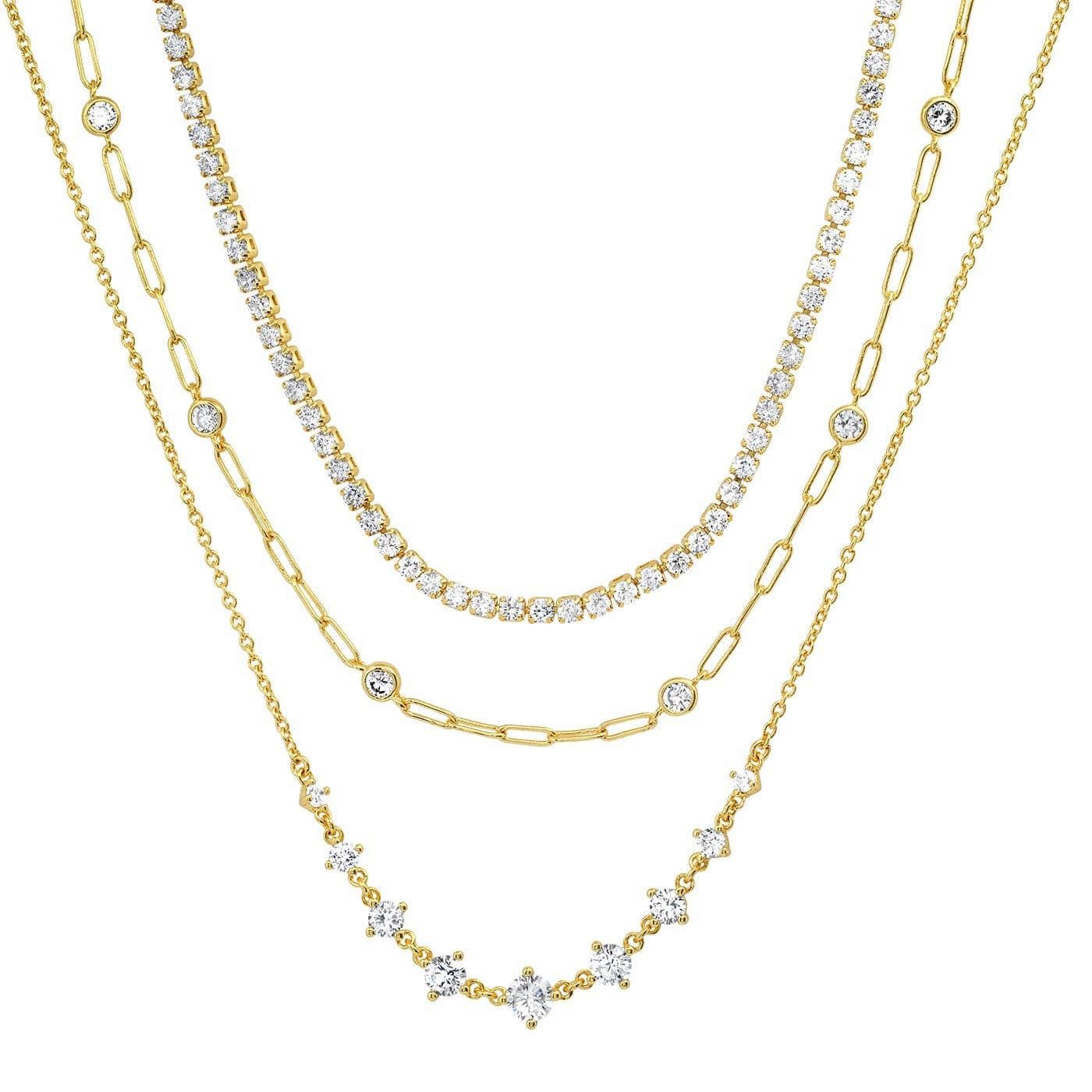 Triple Layer  Necklace Gold Plated Brass, cz, Color: Gold