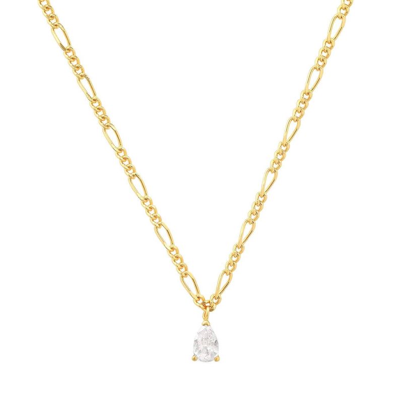 Gold Figaro Chain with Pear Shaped CZ Pendant