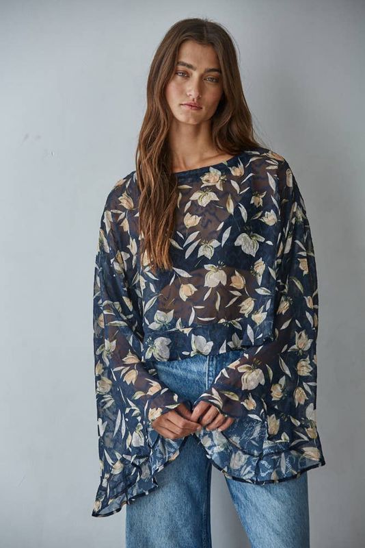Woven Polyester Floral Print See Through Top