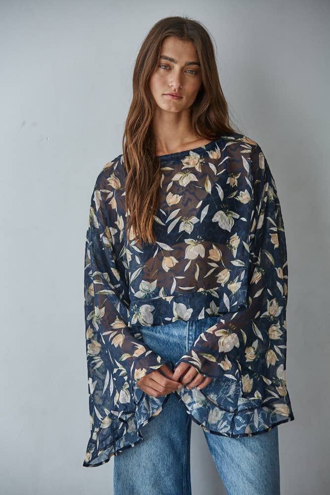 Woven Polyester Floral Print See Through Top, Color: Navy Multi, Size: M