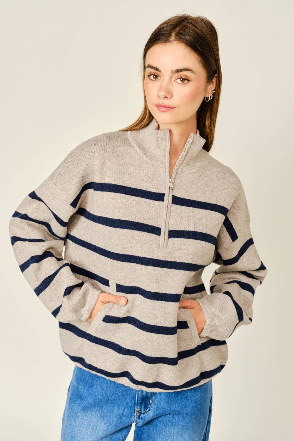 WOOL MIX STRIPED SWEATER, Color: MUSHROOM, Size: Small