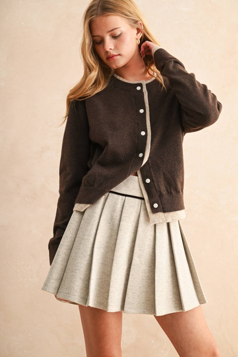 Fallin Love  Color Contrast Button Front Cardigan, Color: BROWN/TAN, Size: L
