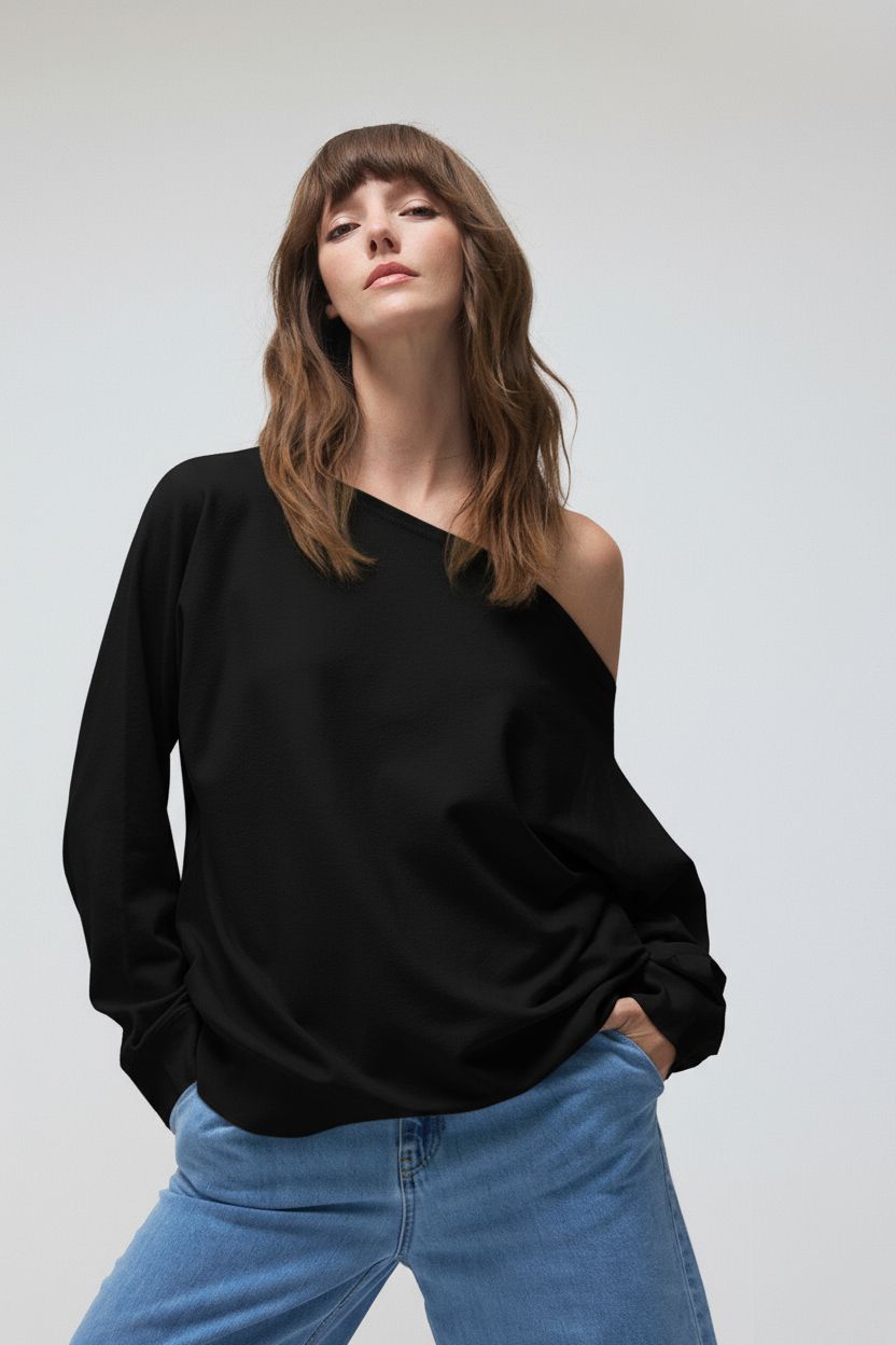 Boat Neck Relaxed Knit Sweater Top, Color: Black, Size: M