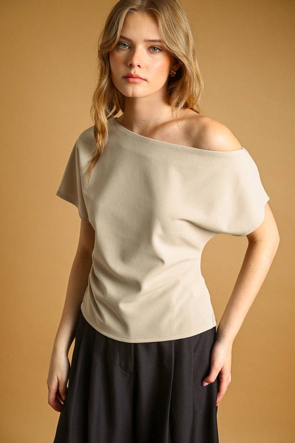 Clarissa  Boat Neck Asymmetric Blouse, Color: STONE, Size: M