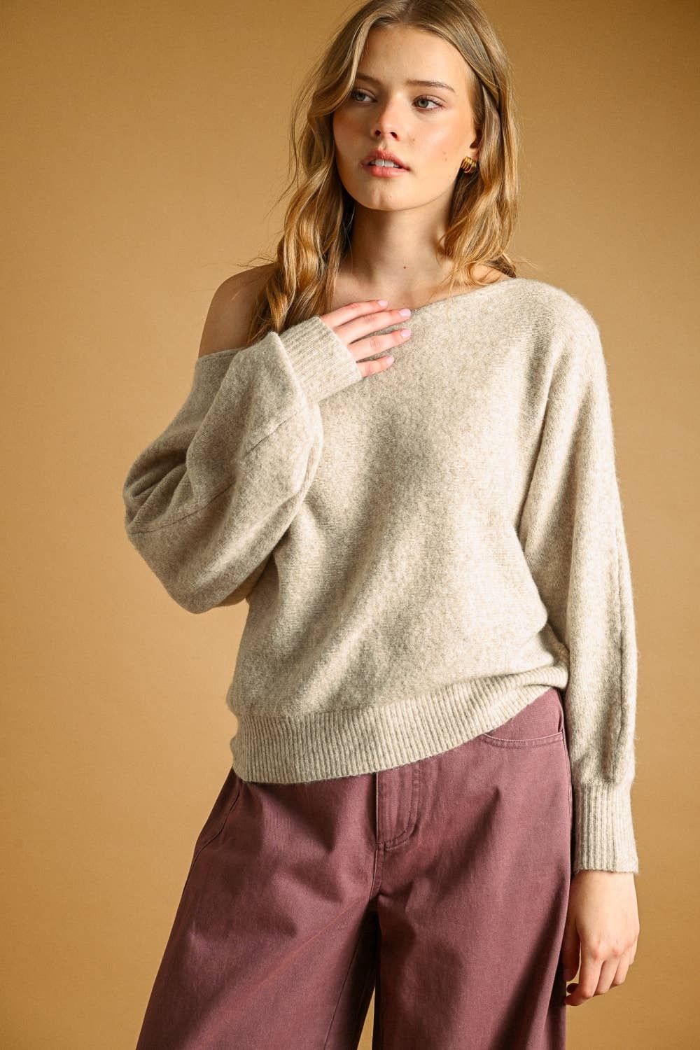 Alicia Long Sleeve Boat Neck Sweater, Color: OATMEAL, Size: S
