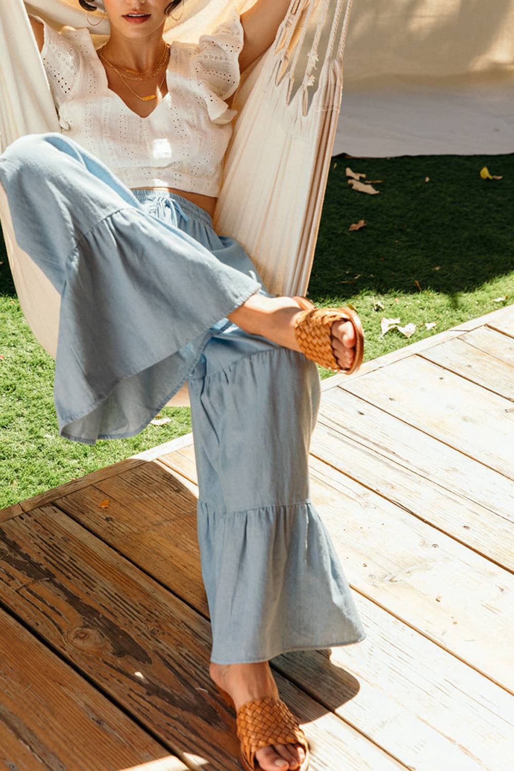 Drawstring Waist Chambray Tiered Wide Pants, Color: Light Blue, Size: S