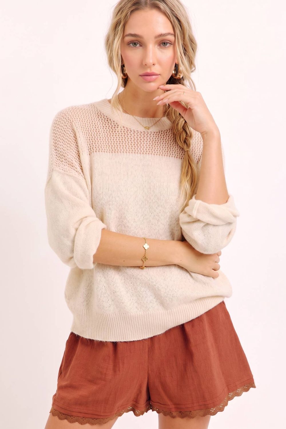 Sheer Shoulder Lightweight Cozy Knit Pullover Sweater Top, Color: Oat, Size: S