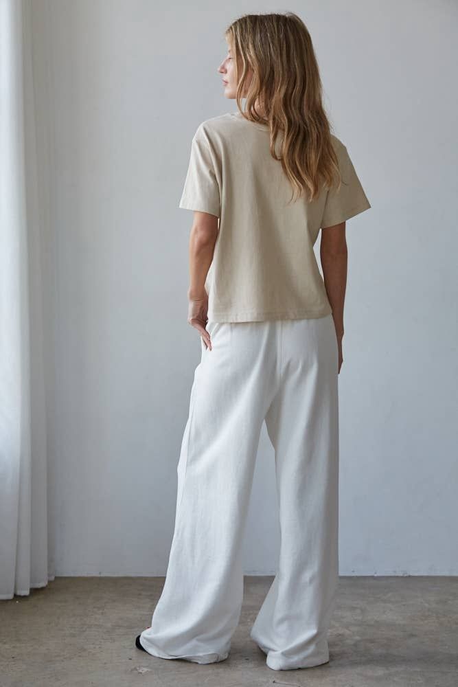L8788 | Knit Cotton Crew Neck Short Sleeve T-shirt Top, Color: Ecru, Size: L