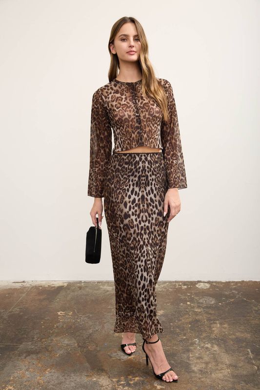 LEOPARD MESH PENCIL MIDI SKIRT
