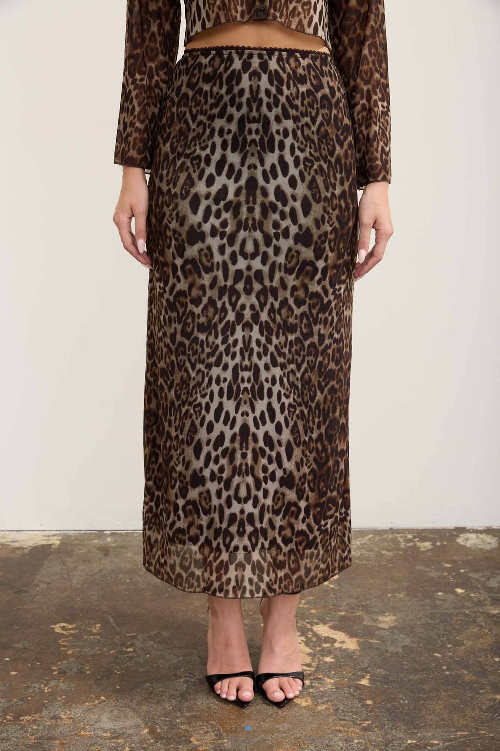 LEOPARD MESH PENCIL MIDI SKIRT, Color: TAUPE MULTI, Size: Small