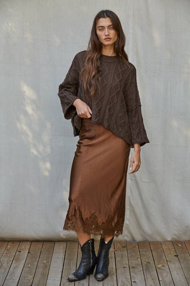 L10198 | Woven Spandex Satin Midi Skirt, Color: Brown, Size: M