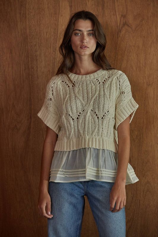 W2484 | Knit Sweater Cotton Nylon Cable Knit Crew Twofer Top