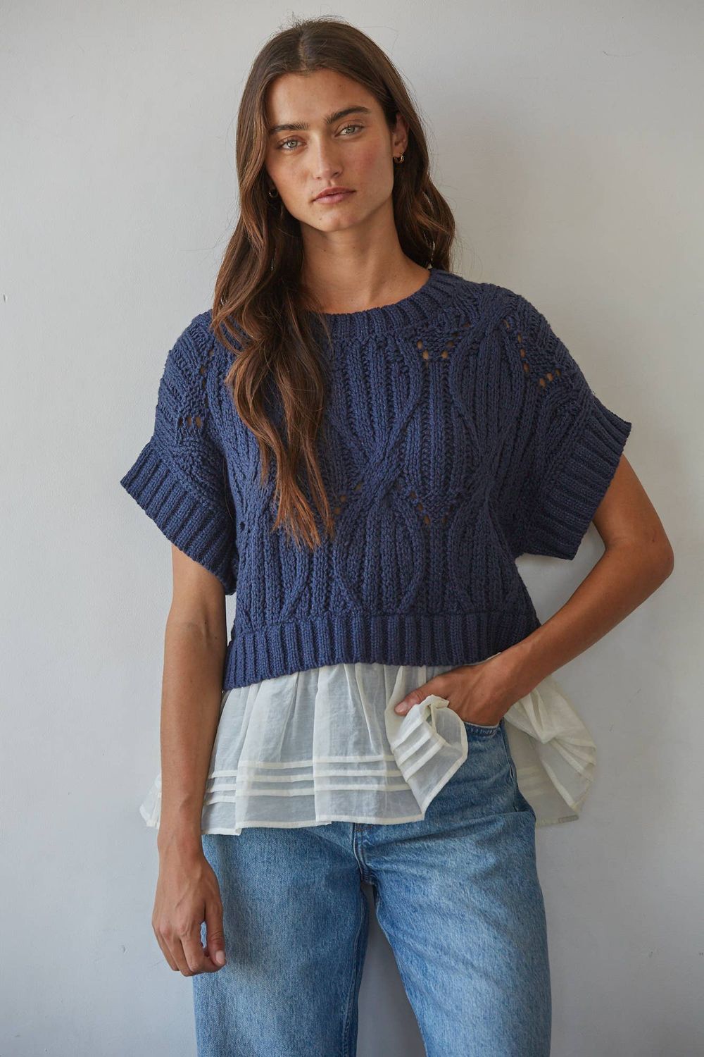 W2484 | Knit Sweater Cotton Nylon Cable Knit Crew Twofer Top, Color: Navy Cream, Size: S