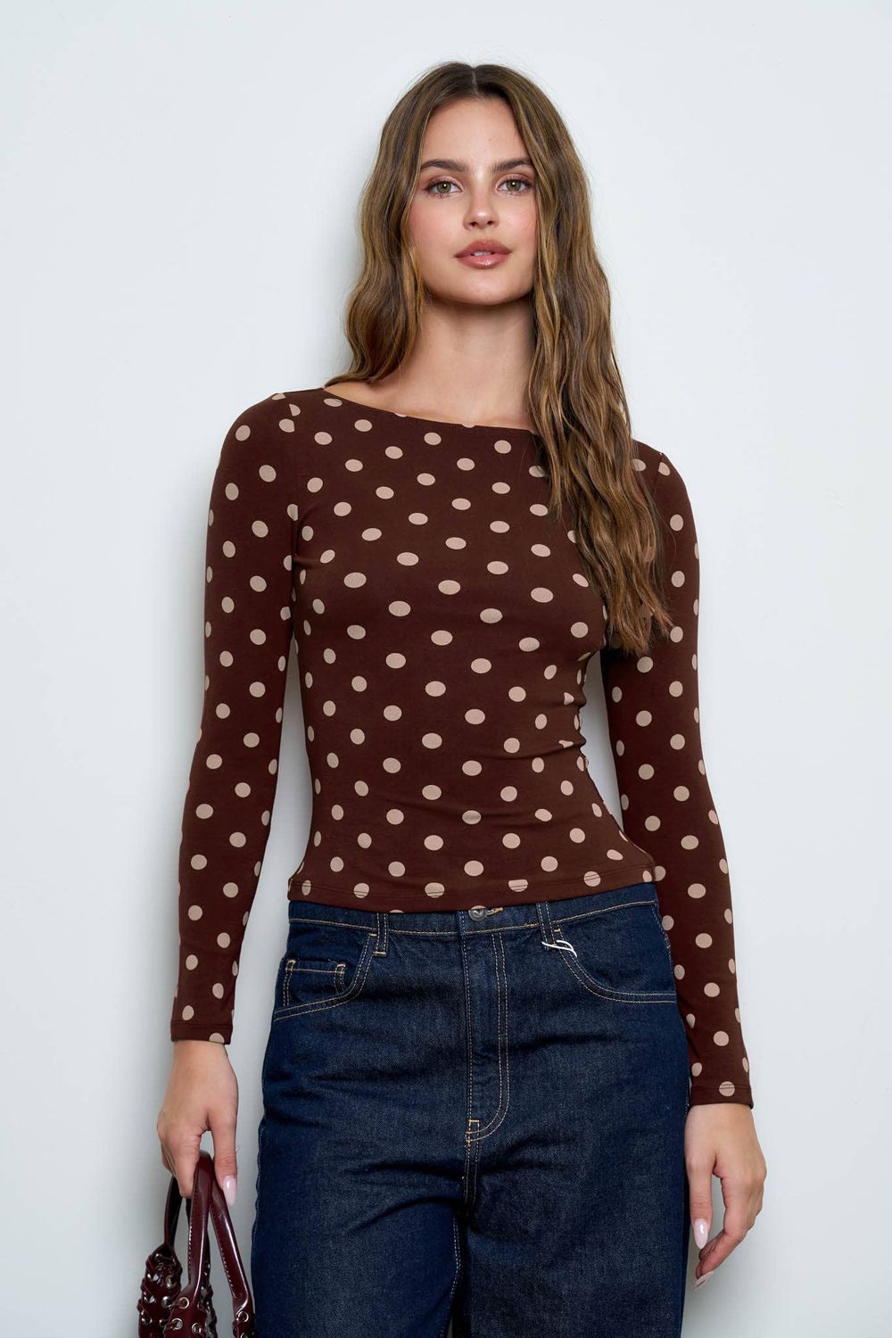 POLKA DOT BOAT NECK LONG SLEEVE KNIT TOP, Color: DARK BROWN, Size: Small