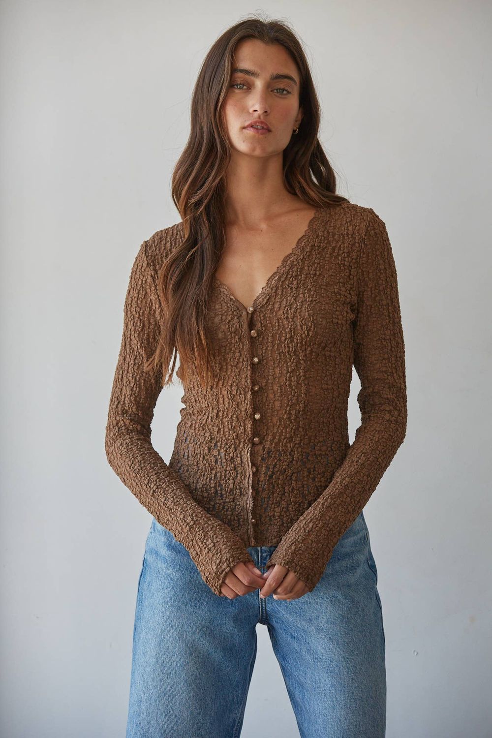 L9846 | Woven Cotton Nylon Spandex Lace Button Down Top