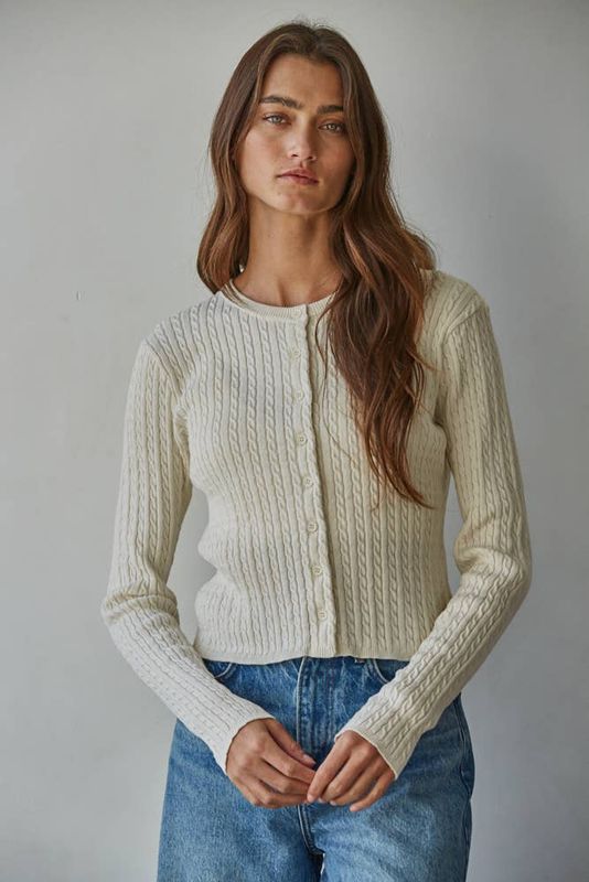 W2108 | Knit Cable Sweater Cotton Button Down Cardigan Top