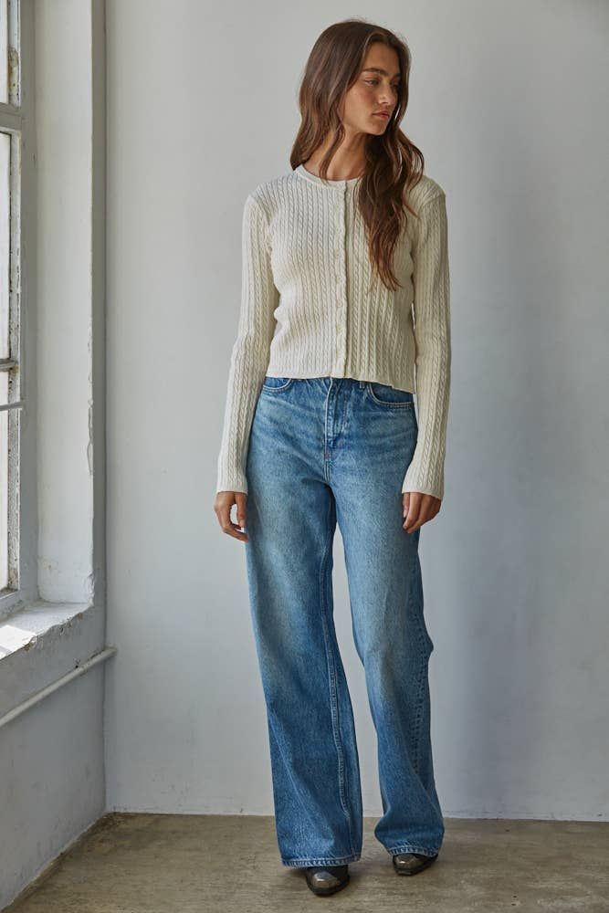 W2108 | Knit Cable Sweater Cotton Button Down Cardigan Top, Color: Cream, Size: M