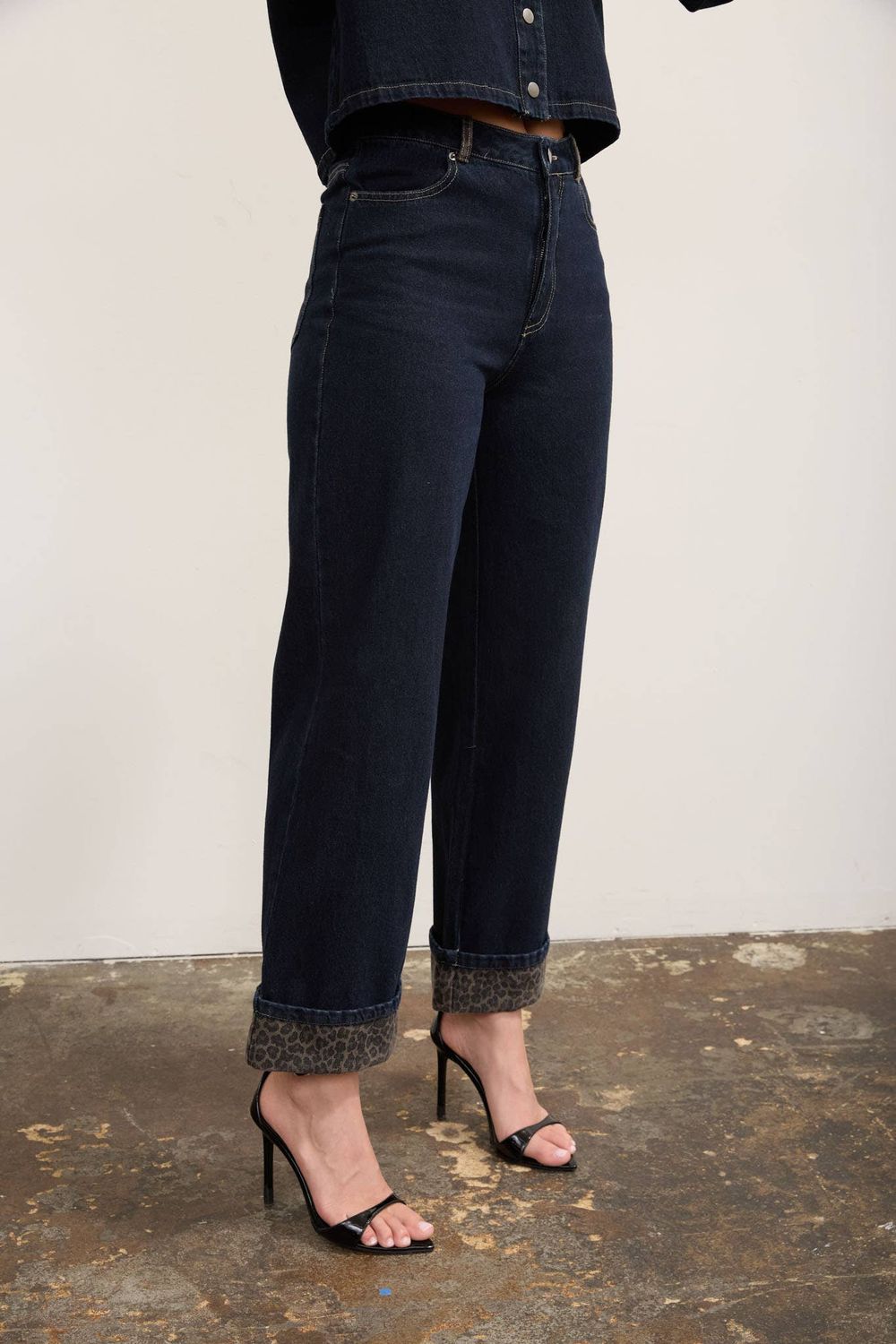 LEOPARD CUFF DETAIL WIDE LEG DENIM JEANS, Color: DENIM MULTI, Size: SMALL