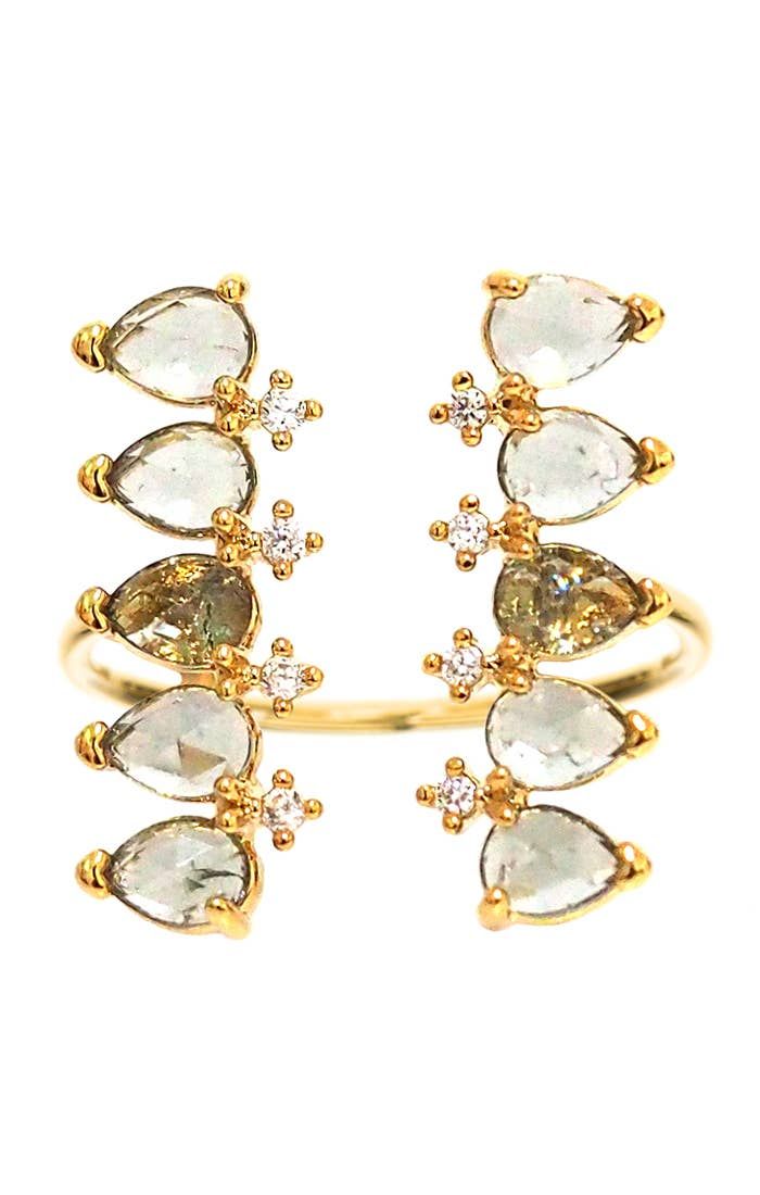 Pearshaped Double Row CZ and Glass Ring, Size: 8
