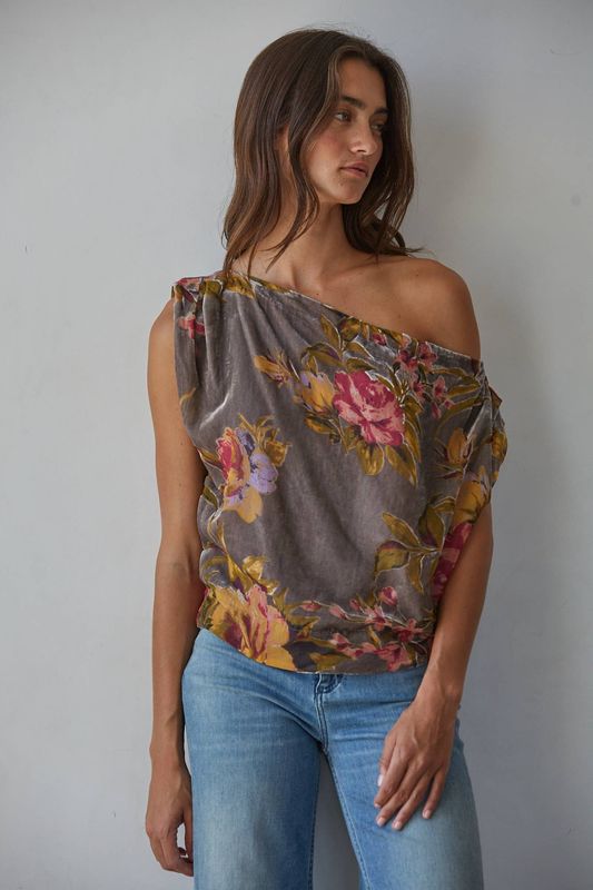 Woven Floral Print Asymmetrical Off Shoulder Top