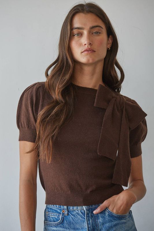 Chelsey Knit Sweater Pullover With Shoulder Tie Bow Detail