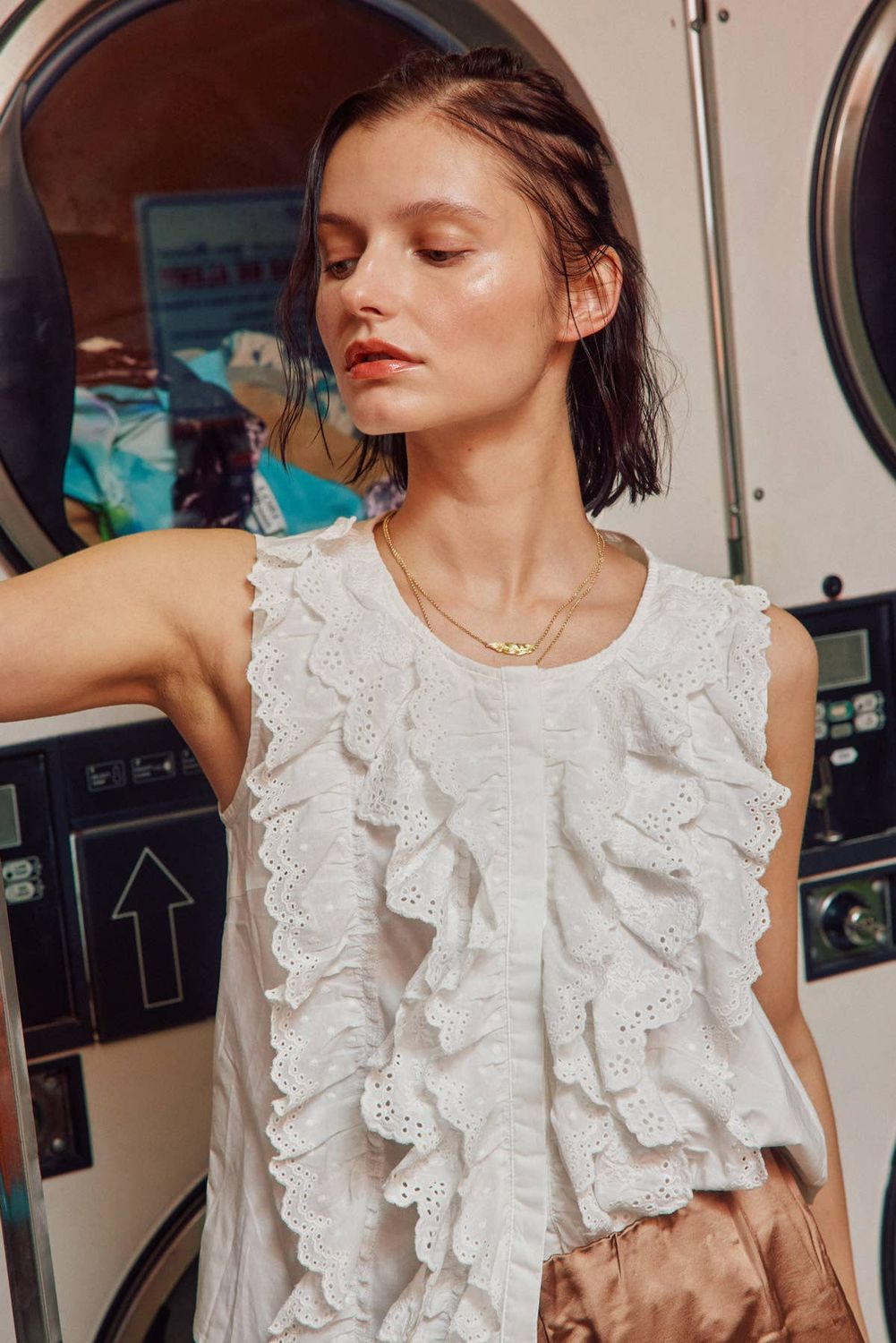 Cotton Lace Trim Button Down Sleeveless Shirts, Color: Daisy, Size: S