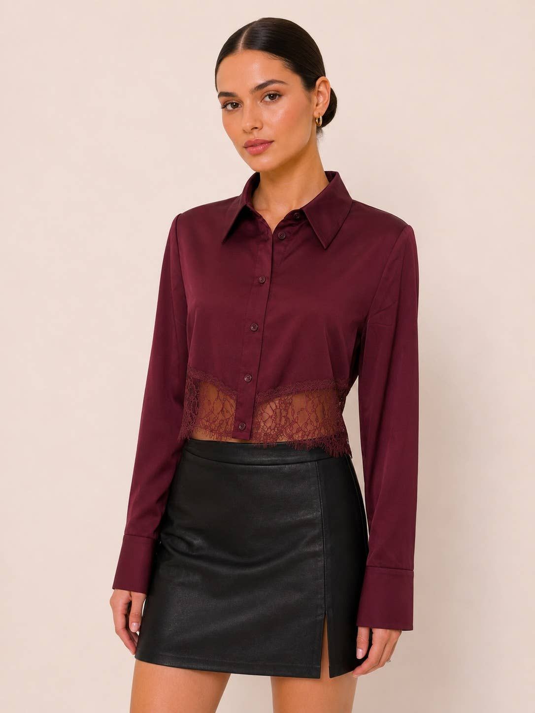 SATIN CROPPED SHIRT WITH LACE HEM - TI7851FO, Size: S
