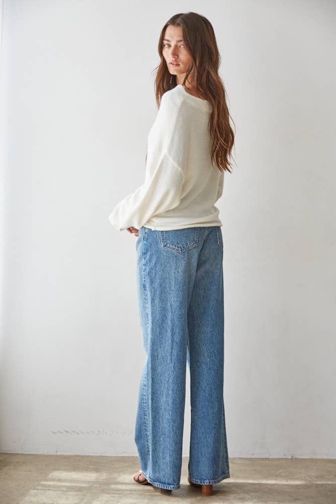 Knit Sweater Boat Neck Long Sleeve Pullover Top, Color: Ivory, Size: L