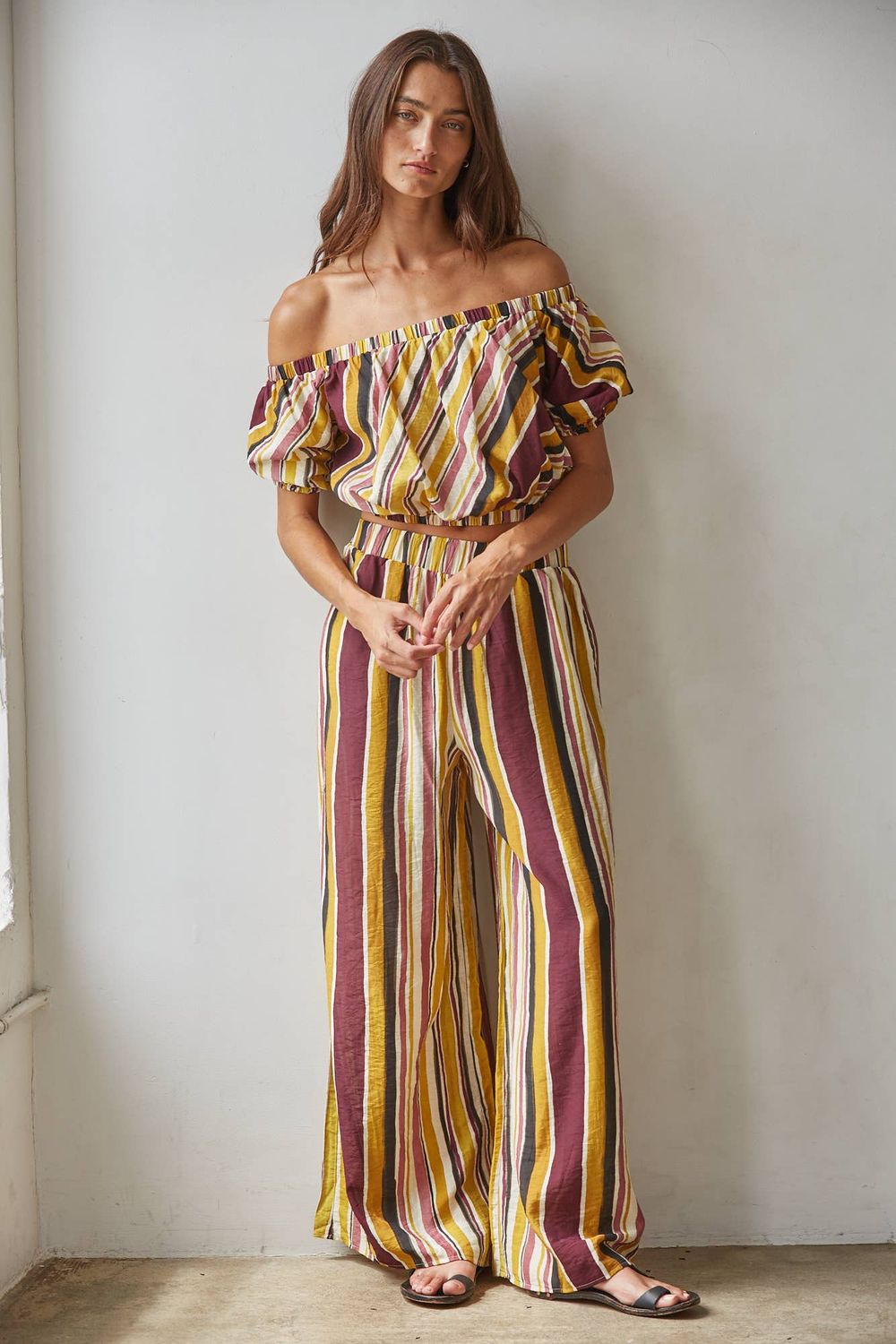 Lauren Woven Striped Off  Shoulder Top, Color: Mustard Plum Multi, Size: M